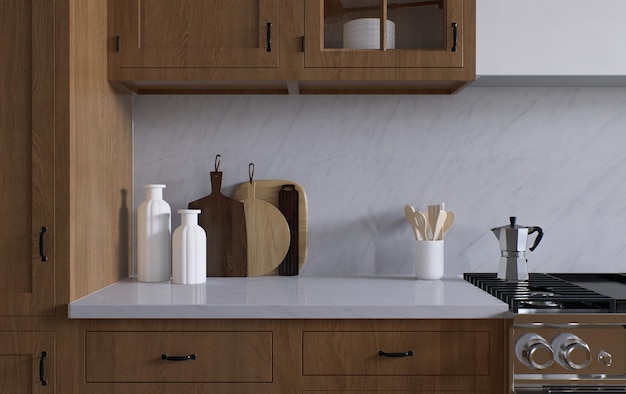 A kitchen with a white counter top and a wooden cabinet with a white dish