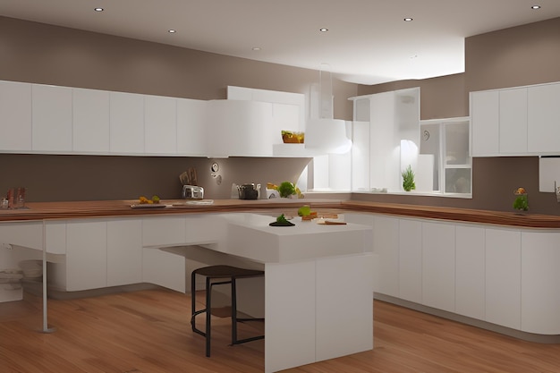 a kitchen with a white counter and a white island with a yellow bowl on the counter.