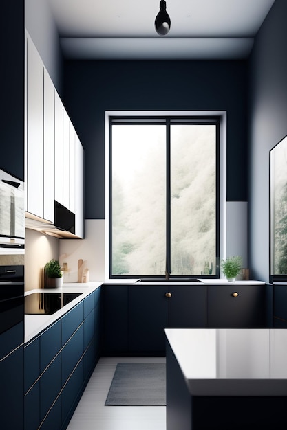 A kitchen with a white countertop and black cabinets with a white countertop and a white sink with a black and white frame.