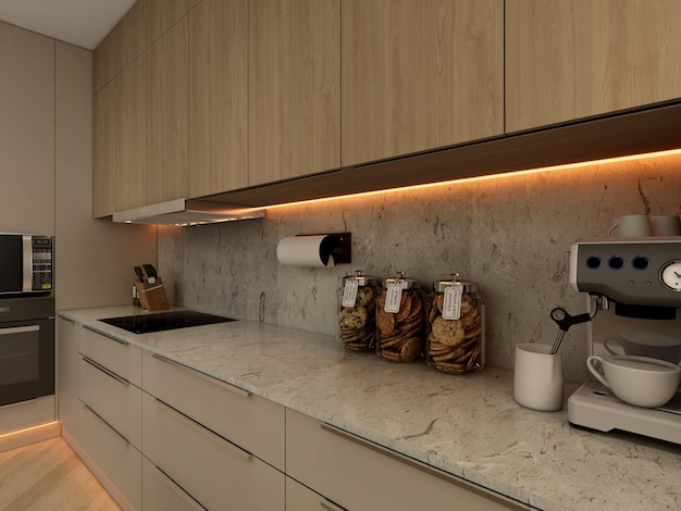 A kitchen with a white countertop with a white countertop that says'food'on it