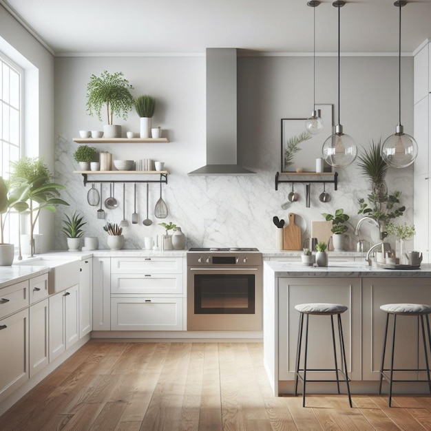 a kitchen with a white and gray kitchen with plants on the shelves