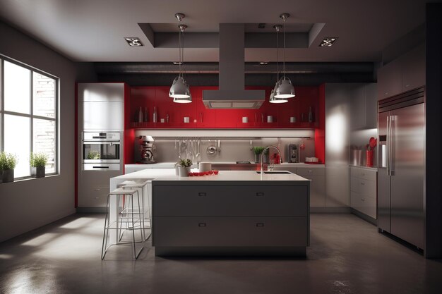 A kitchen with a white island with a red accent wall and a white countertop.