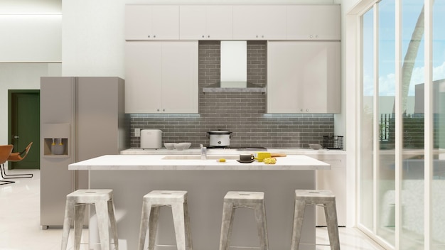 A kitchen with a white island with a white countertop and a white refrigerator.