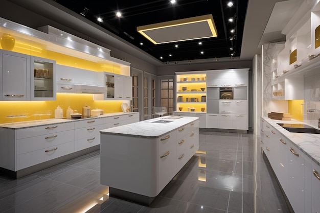 A kitchen with a white island with a yellow light above it.