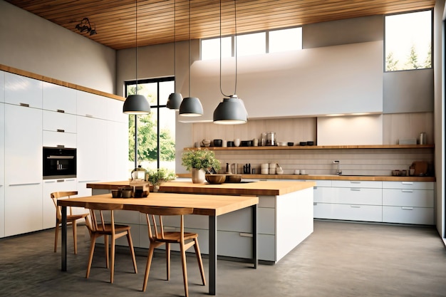 A kitchen with white island and wooden counter tops