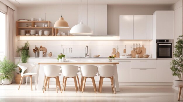 a kitchen with a white kitchen and white chairs and a white kitchen island