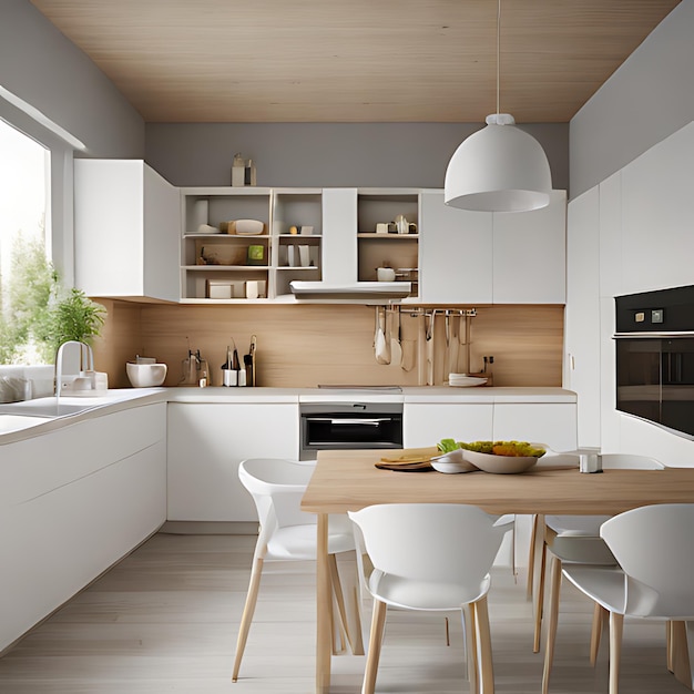 a kitchen with a white table and chairs and a stove