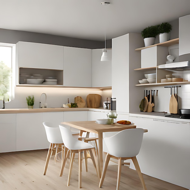 Photo a kitchen with a white table and chairs and a table with a pot on it