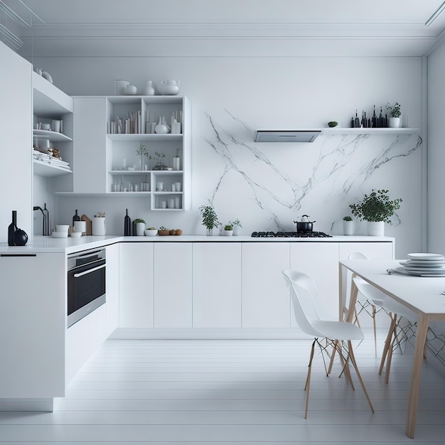 A kitchen with a white table and chairs and a white chair.