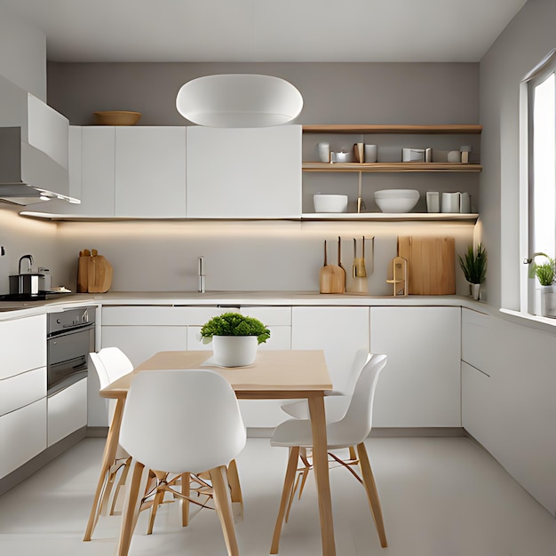 a kitchen with a white table and chairs and a window