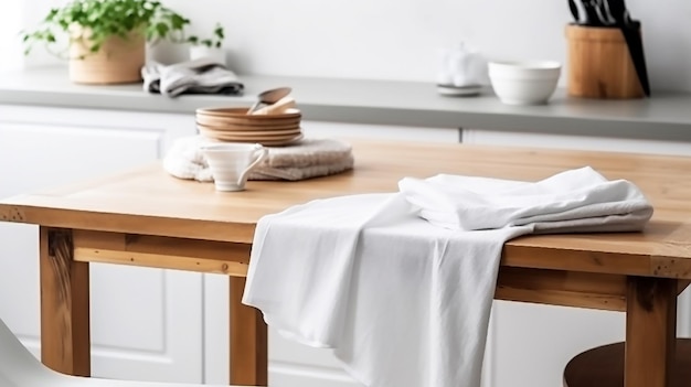 A kitchen with a white table cloth and a stack of dishes on it.