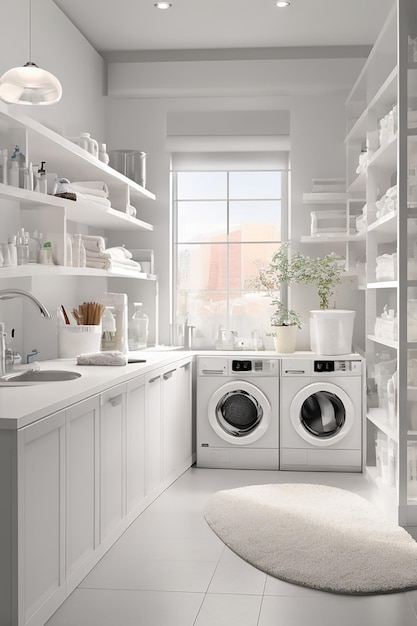 A kitchen with a white table washing machine