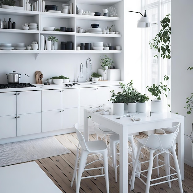 A kitchen with a white table and white chairs and a white table with a potted plant on it.