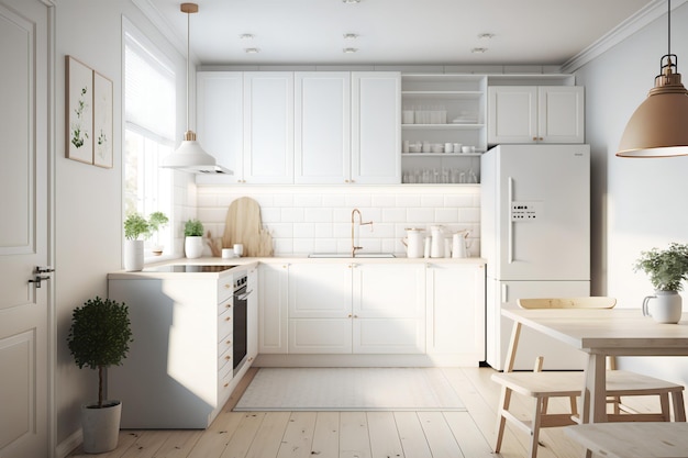 흰색 테이블이 있는 주방과 주방이라는 단어가 적힌 흰색 냉장고.