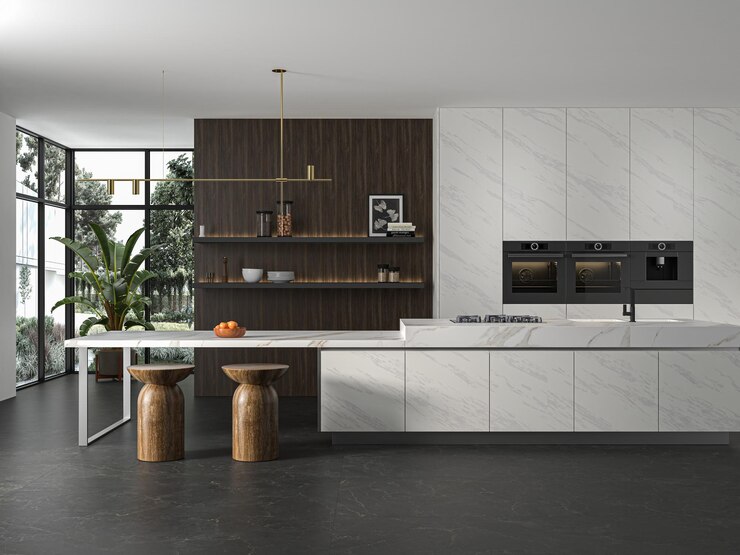 Photo a kitchen with a white wall that has a plant on it