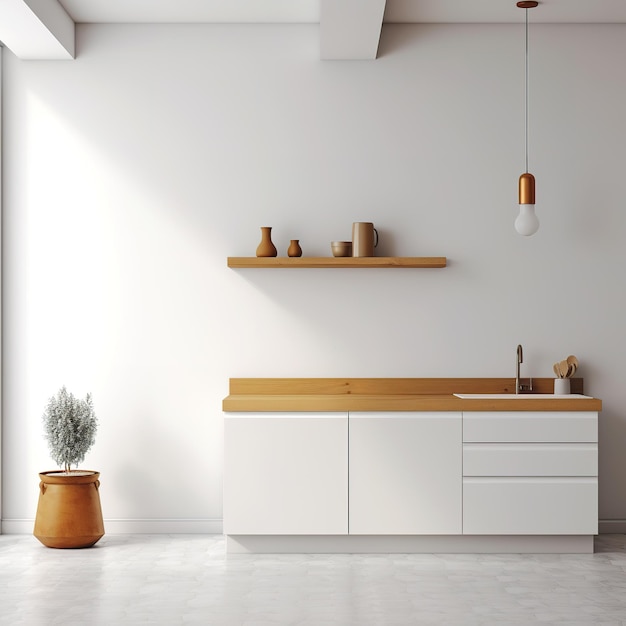 A kitchen with a white wall and wooden cabinets and a vase with a plant on it.