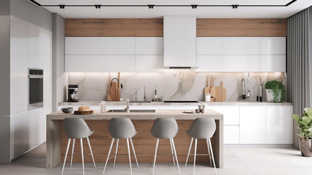 A kitchen with a white and wooden cabinetry and a white countertop with a wooden table and chairs.