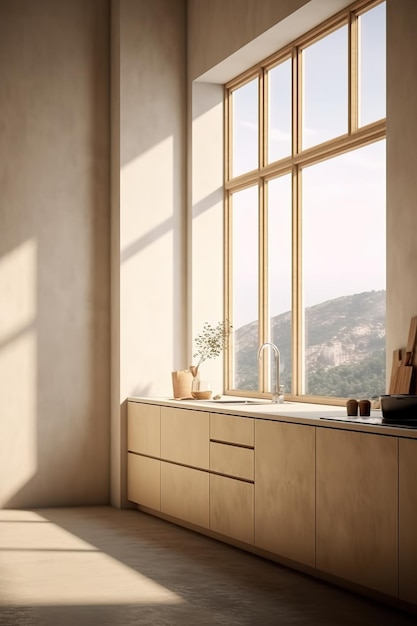 A kitchen with a window that has a view of a mountain in the background.