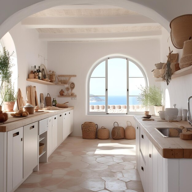 A kitchen with a window that has a view of the ocean in the background.