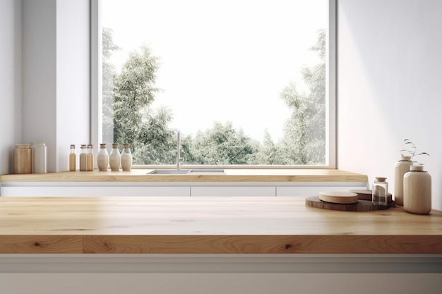 A kitchen with a window that has a view of trees outside