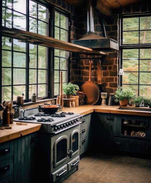 Kitchen with windows tiling and firewood in the style of simplified structures