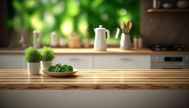 木製のカウンター トップと緑の植物が置かれたキッチン
