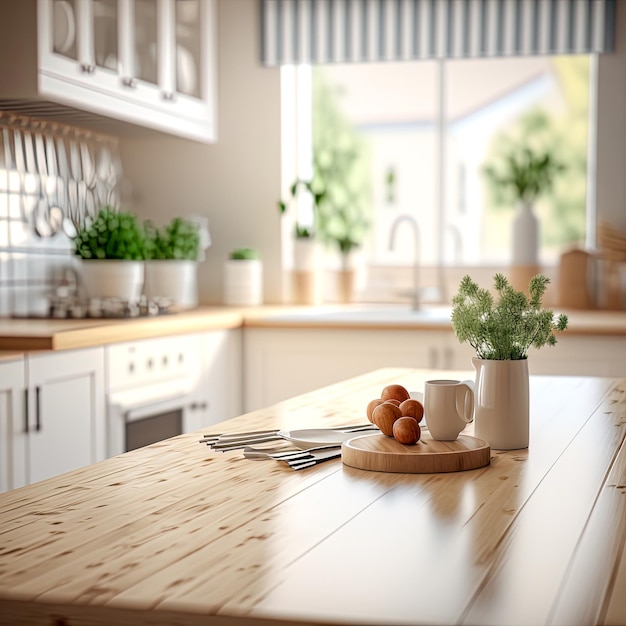 A kitchen with a wooden countertop and a pot of herbs on it.