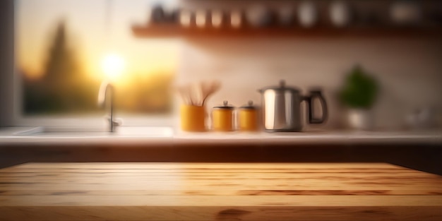 Photo a kitchen with a wooden countertop and a shelf with pots and pans on it