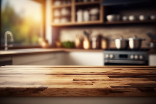 A kitchen with a wooden countertop that has a lot of cooking utensils on it.