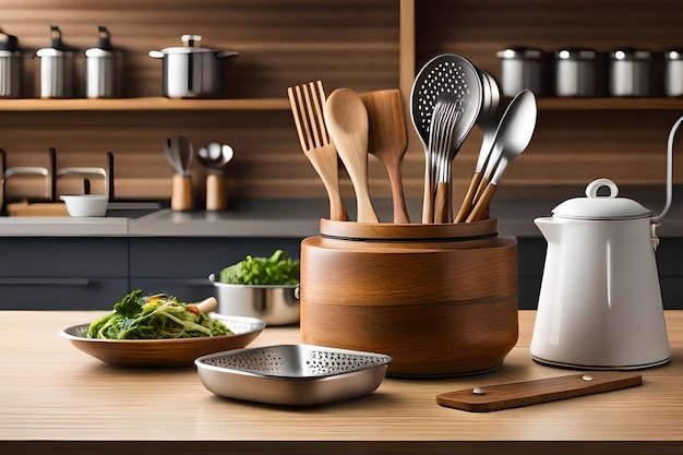 Photo a kitchen with a wooden kitchen counter with a pot of vegetables and a pan of cooking utensils.