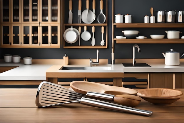 Foto cucina con tavolo e sedie in legno e un cucchiaio di legno sul pavimento.