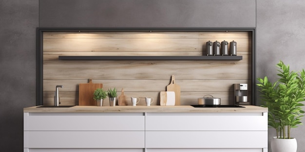 A kitchen with a wooden shelf and a shelf with a white board that says'kitchen '