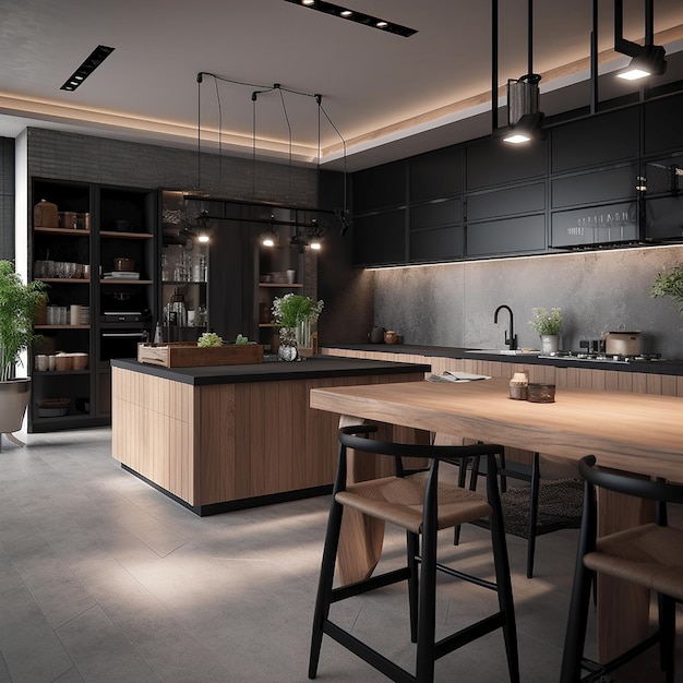 A kitchen with a wooden table and chairs and a black cabinet with a green plant on it.