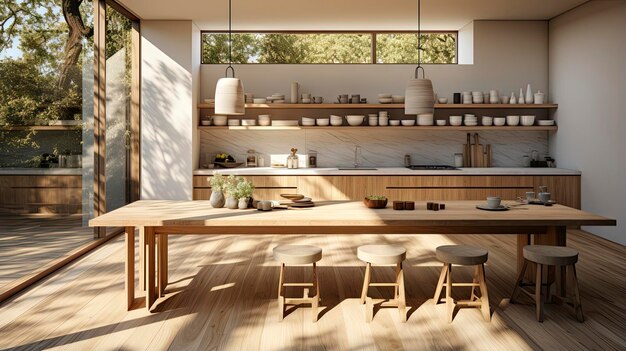 a kitchen with a wooden table and chairs