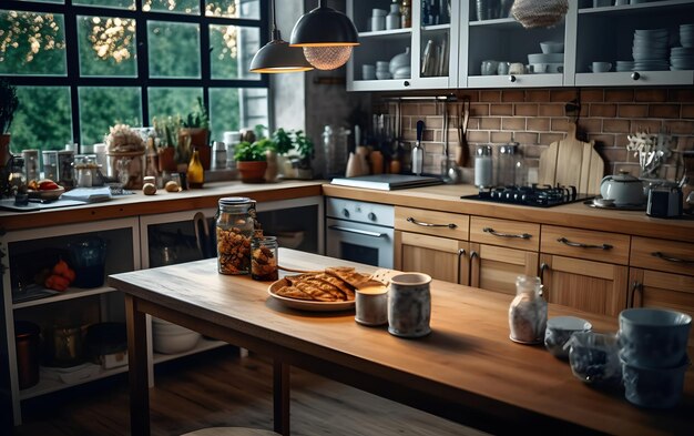 A kitchen with a wooden table and a glass jar of cookies on it.