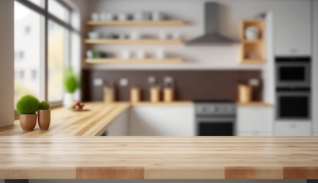 A kitchen with a wooden table and a kitchen with a window behind it.