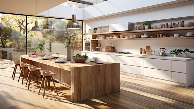 木製のテーブルとオープンと書かれた大きな窓を持つキッチン