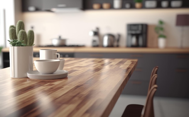 A kitchen with a wooden table. modern kitchen background. room interior. ai generated