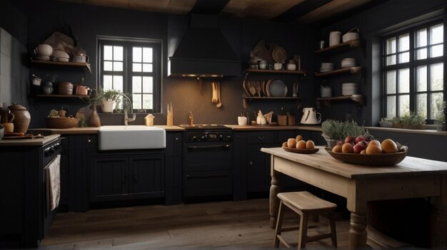 a kitchen with a wooden table and a pot of fruit on it