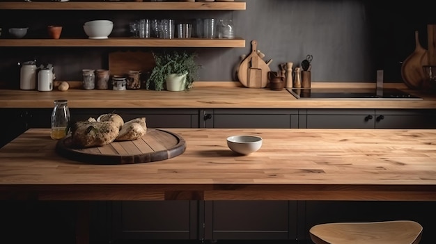 A kitchen with a wooden table and a shelf with a plant on it.