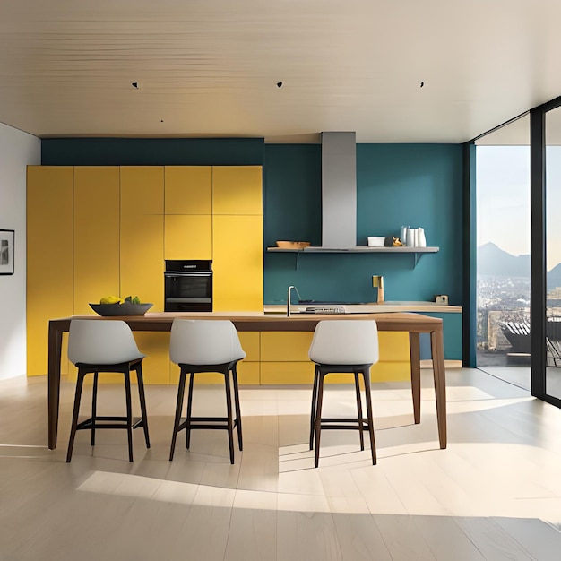 A kitchen with a yellow cabinet that says " the word " on it.