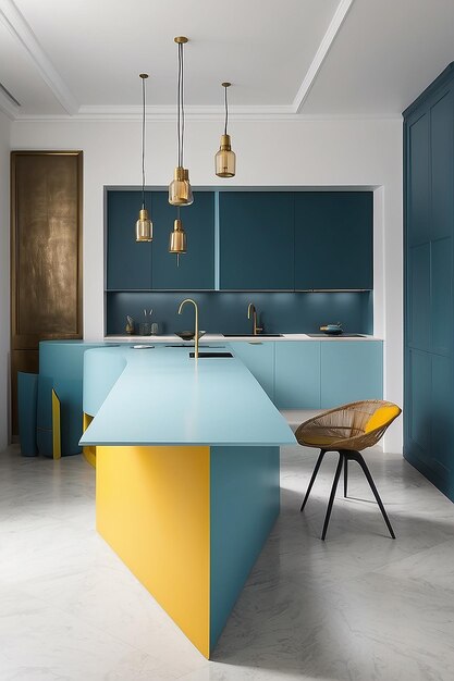 Photo a kitchen with a yellow chair and a blue counter top