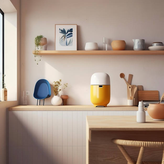 A kitchen with a yellow object on the counter and a picture of a plant on the wall.