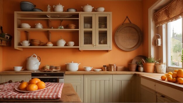 Photo a kitchen with a yellow tablecloth and a red and white checkered table cloth