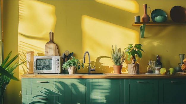 кухня с желтой стеной и растениями на прилавке