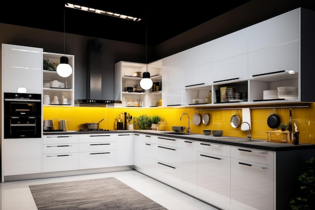 A kitchen with a yellow wall that has a black ceiling and a yellow rug.