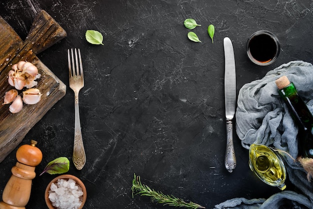 Kitchen wooden board Food Background On a wooden background Top view Free space for your text