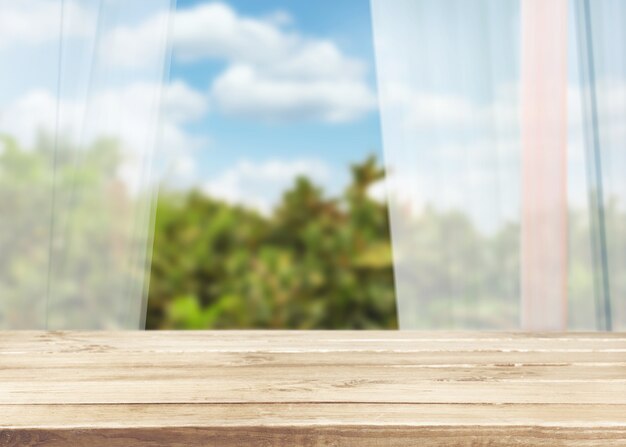 Kitchen wooden table on blur window background