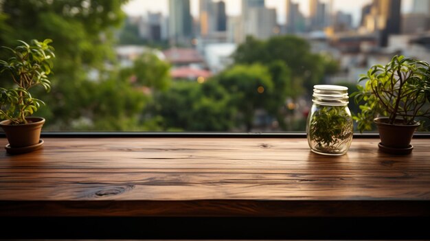 Photo kitchen wooden table top and kitchen blur background interior style scandinavian