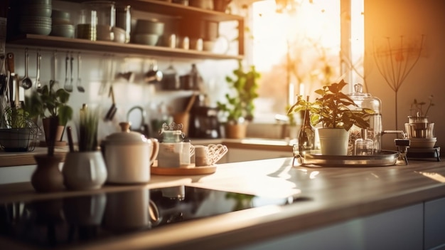 Kitchen wooden table top with breakfast at morning time Generative AI